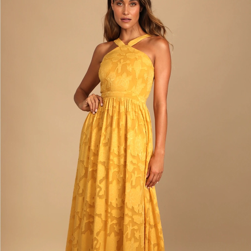 Lulu’s Love and Beyond Marigold Burnout Floral Maxi Dress - Yellow